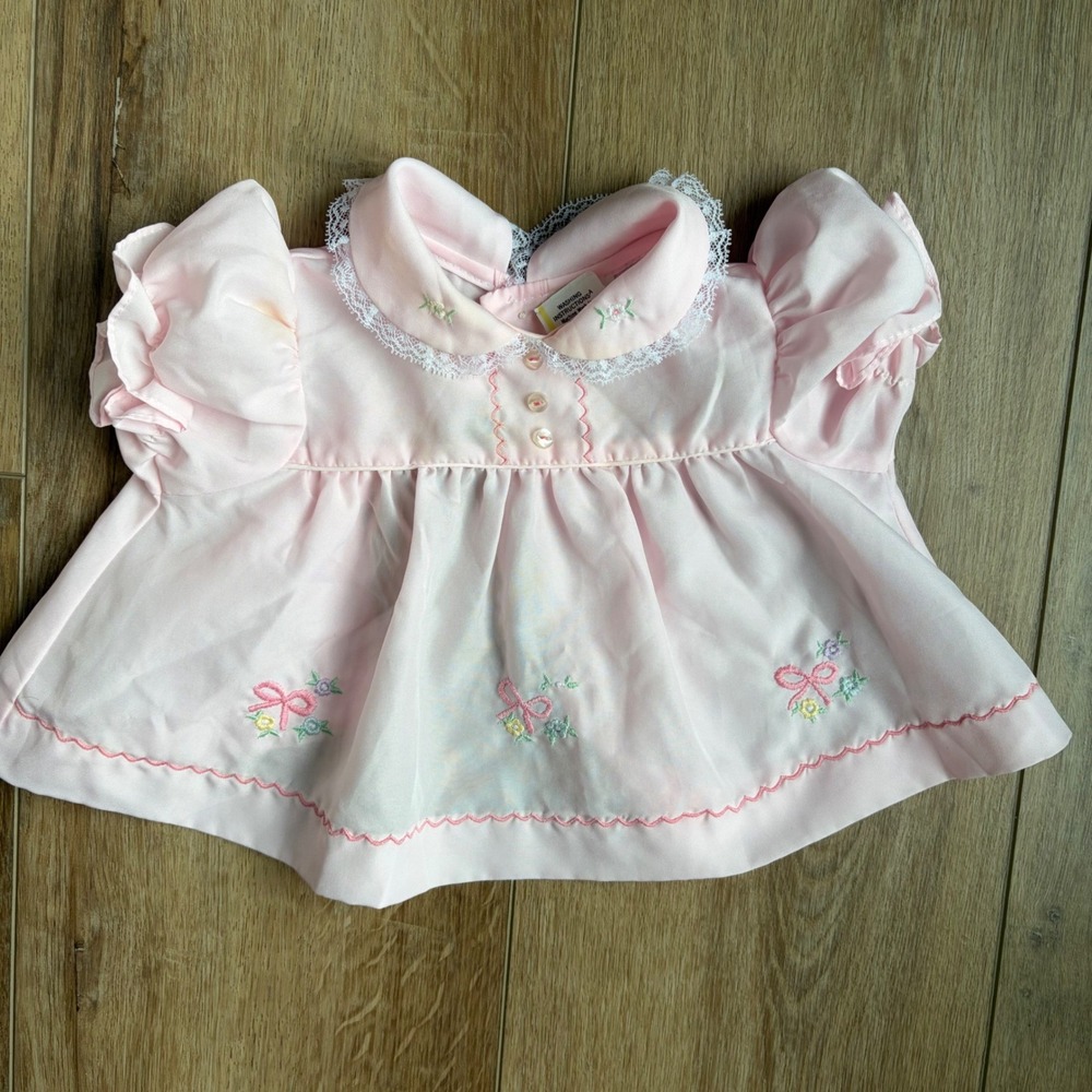 Vintage Newborn 0-3M Pink Lace and Embroidered Bow Top or Dress / Primitive